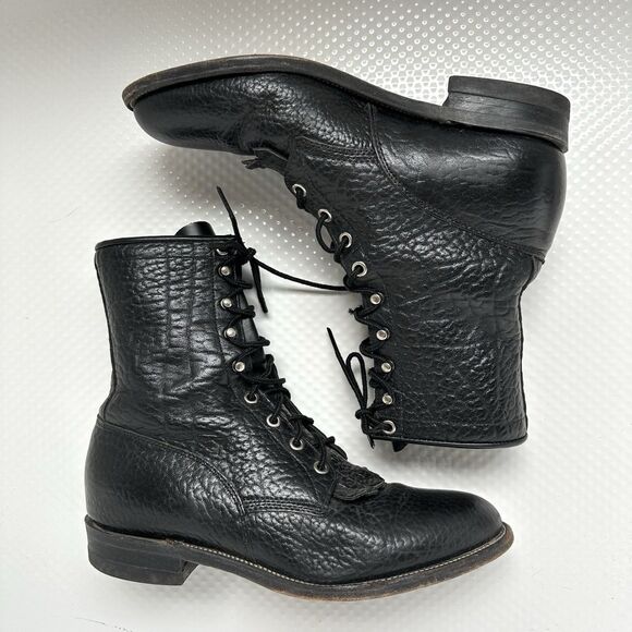 Vtg Justin Lace up Black Pebbled Bullhide Roper Boots 522 Kiltie Mens 8 1/2 D main image 5